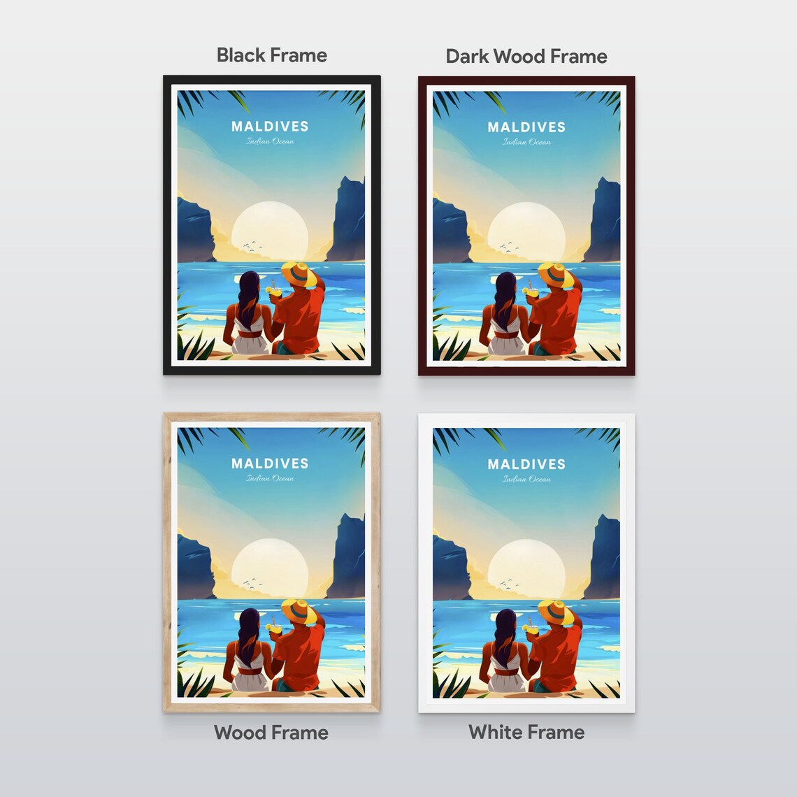 Maldives Beach Couple Watching the Sunset Over the Ocean Poster - Image 2