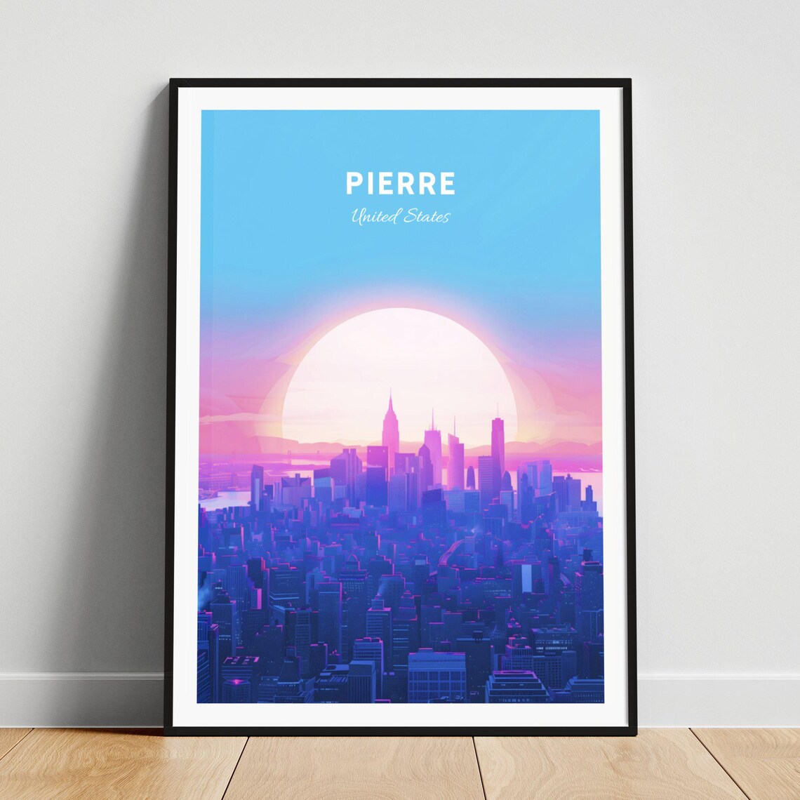 Pierre South Dakota Neon Purple City Skyline Sunset Art Poster
