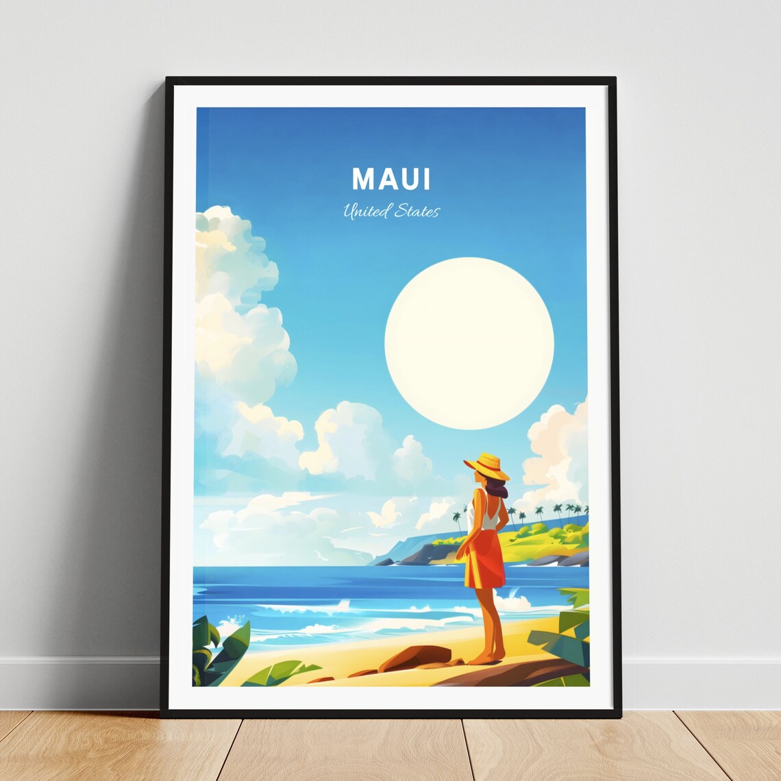 Maui Hawaii Woman in Sunhat Relaxing on the Beach Travel Poster