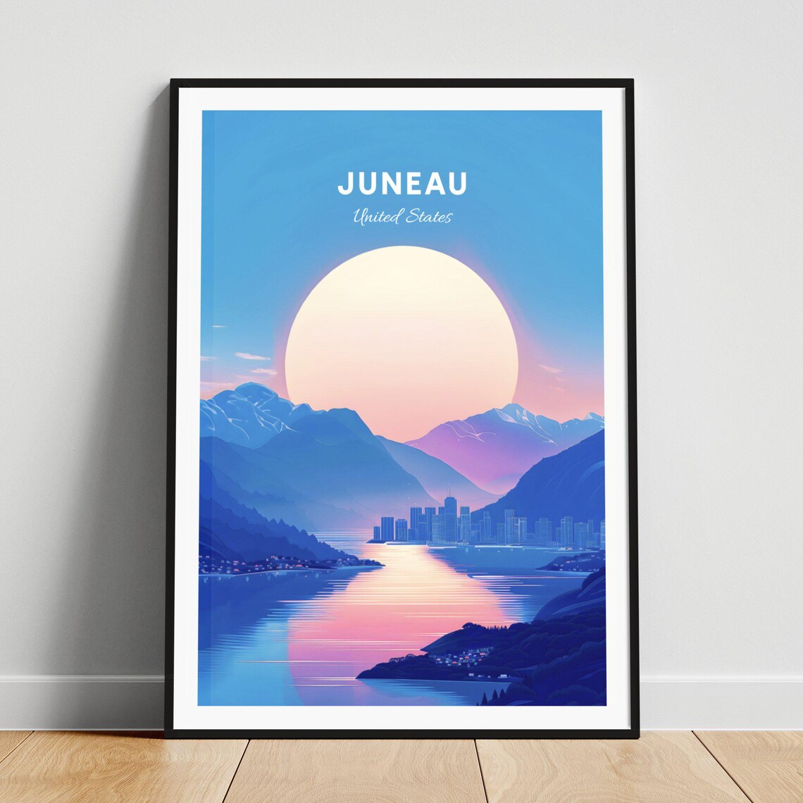 Juneau Alaska Sunset Fjord Snowy Mountains Harbor Scene Poster
