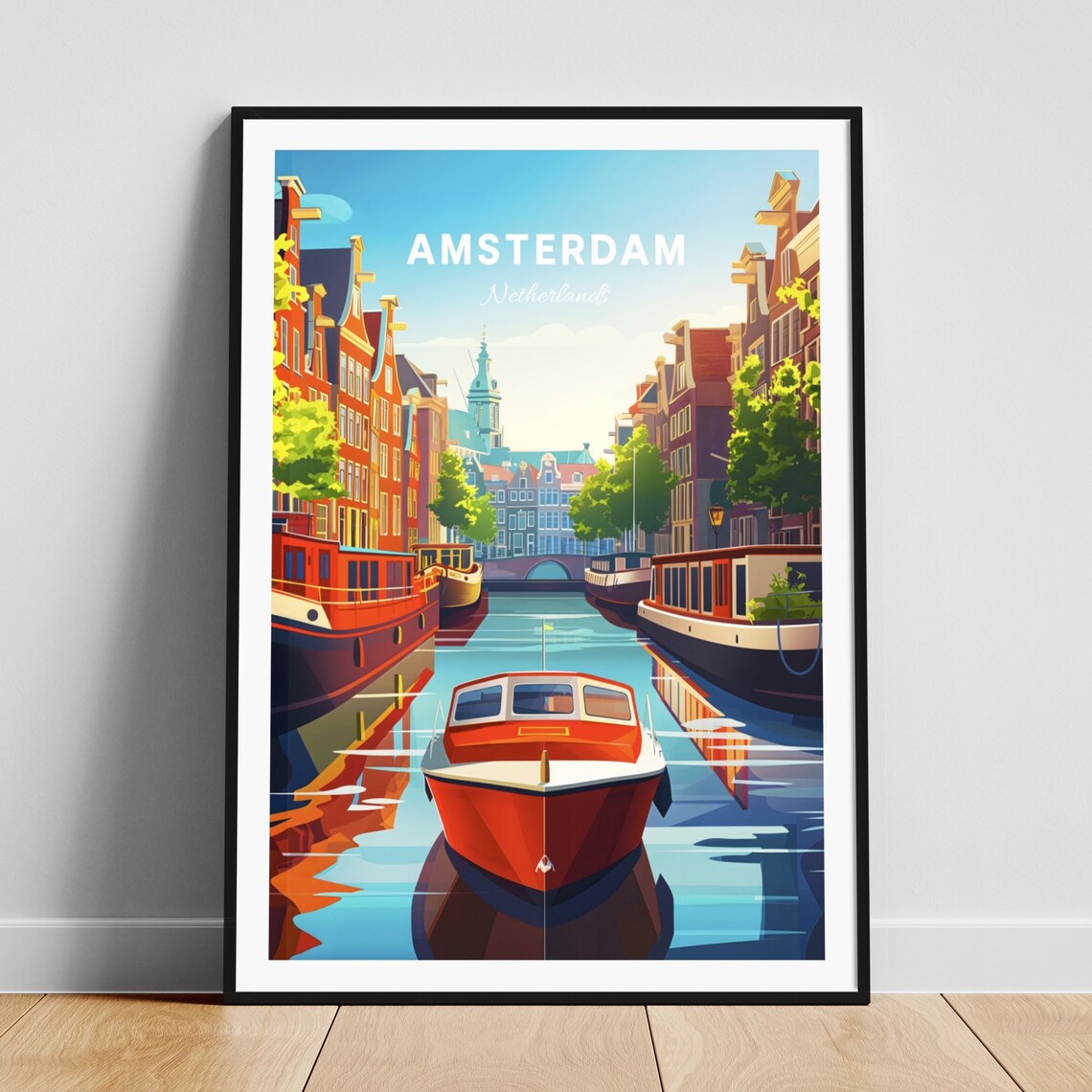 Amsterdam Netherlands Canal Houseboats Sunny Day Travel Poster Art