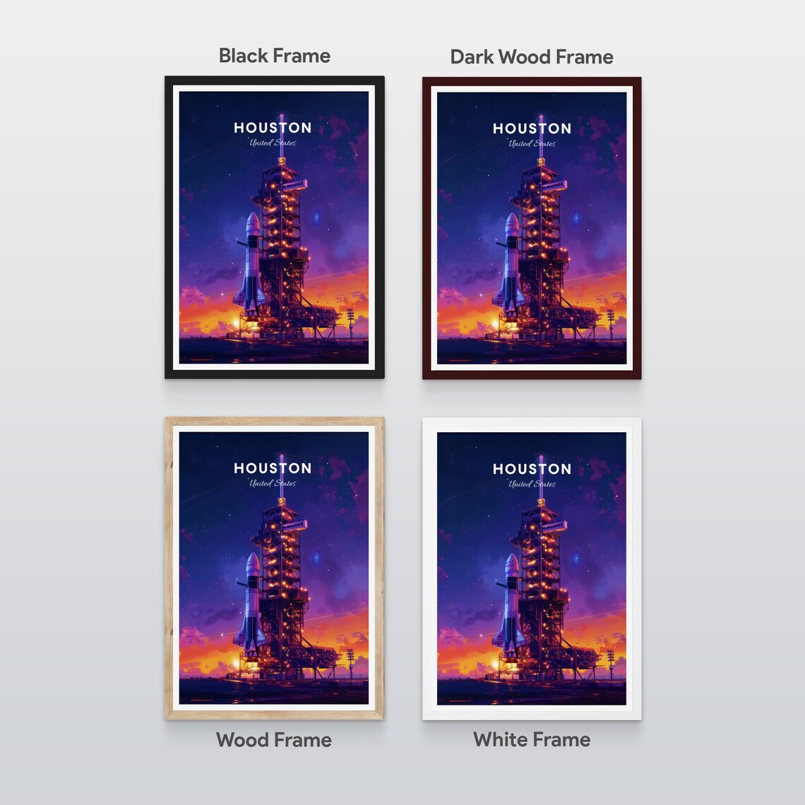 Houston Space Rocket on the Launchpad at Night Travel Poster - Image 2
