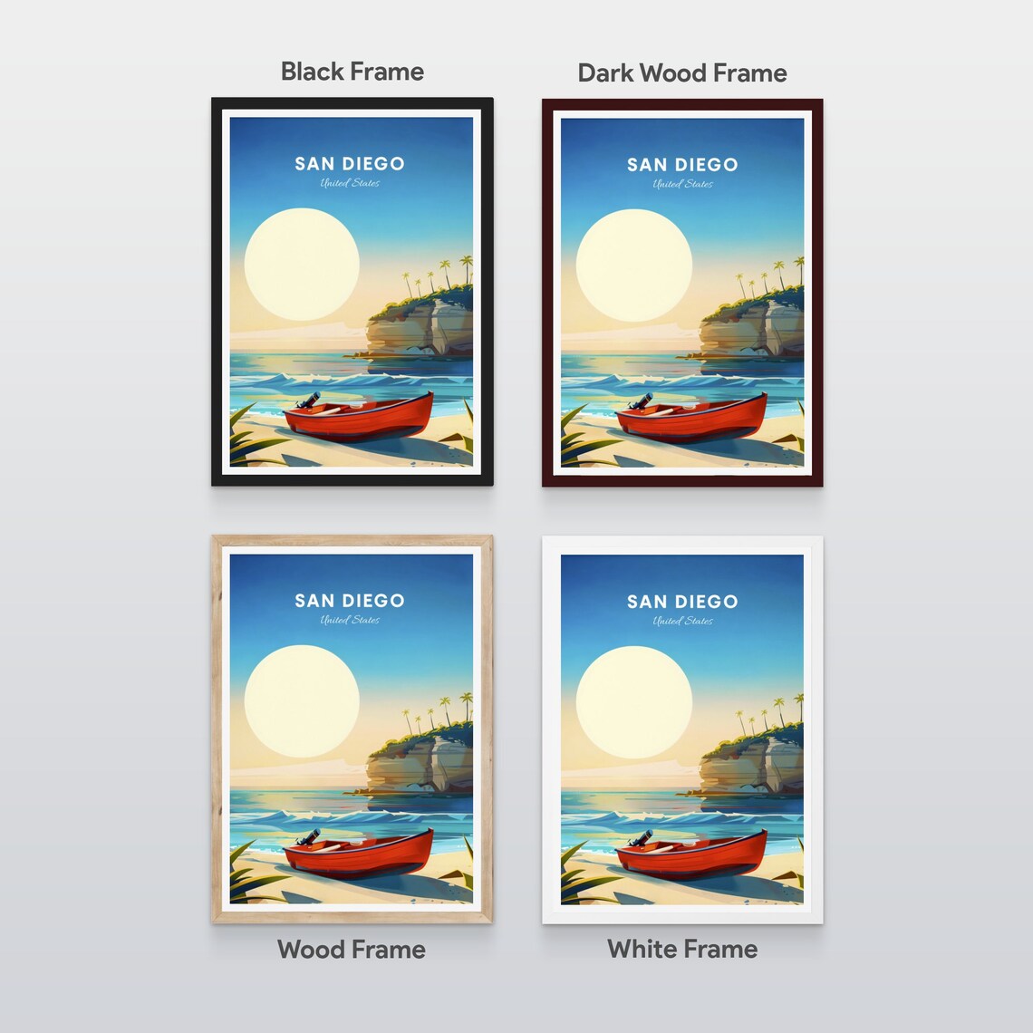 San Diego California Red Rowboat Beach Cove Coastal Travel Poster - Image 2