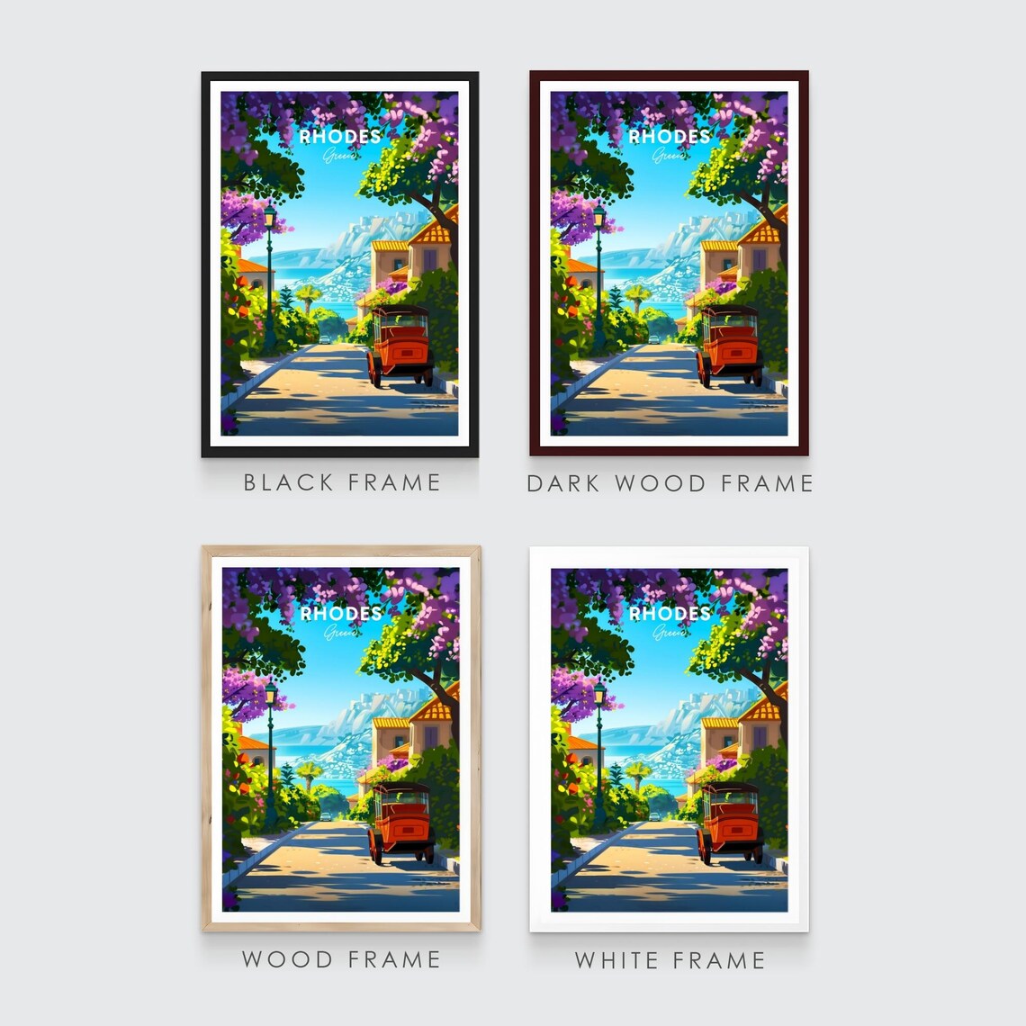 Rhodes Greece Flower Street Vintage Car Sea View Travel Poster - Image 3