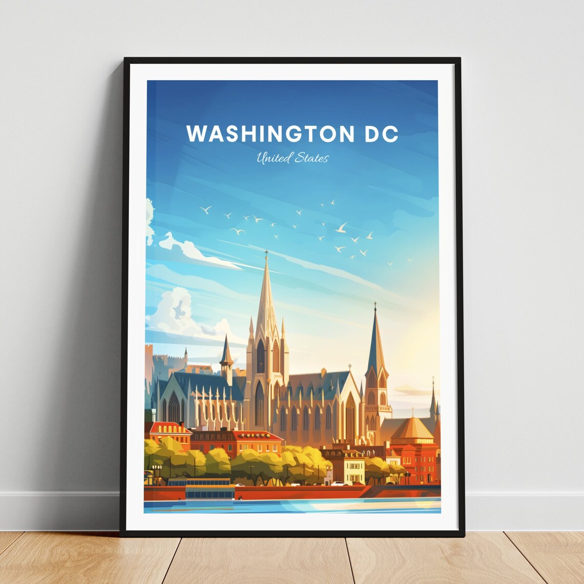Washington DC White House Golden Sunset Fountain Travel Poster