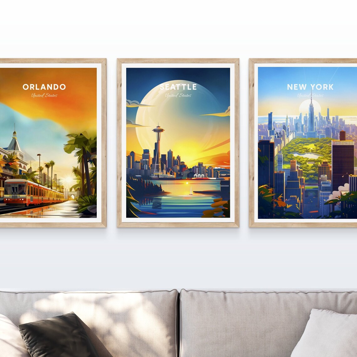 Seattle Washington Giant Moon Space Needle Sailboat Bay Travel Poster - Image 4