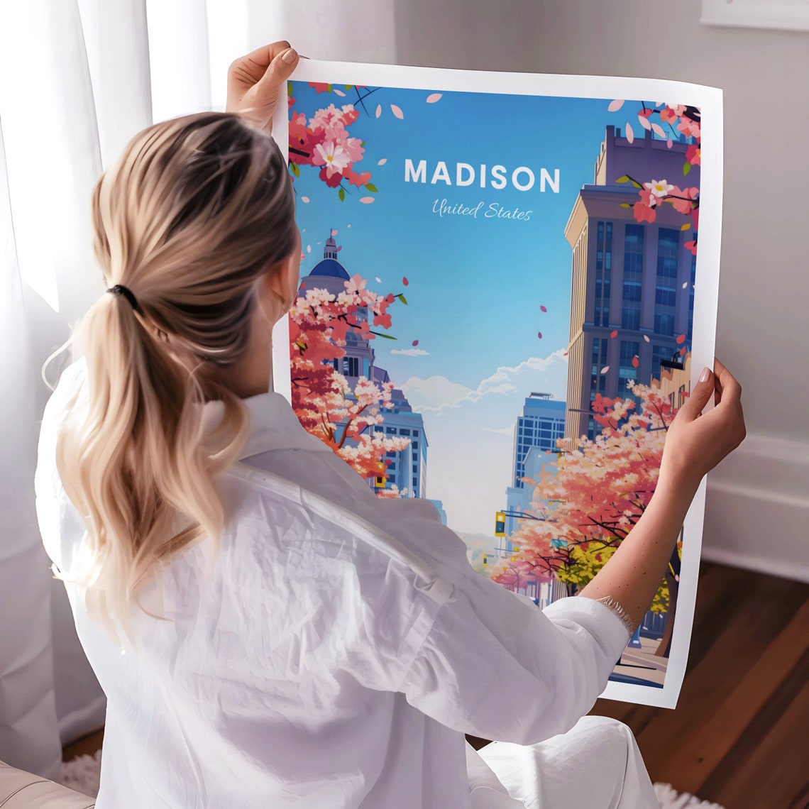 Madison Spring Blossom Poster: Cherry Trees Lining a Downtown Street - Image 3