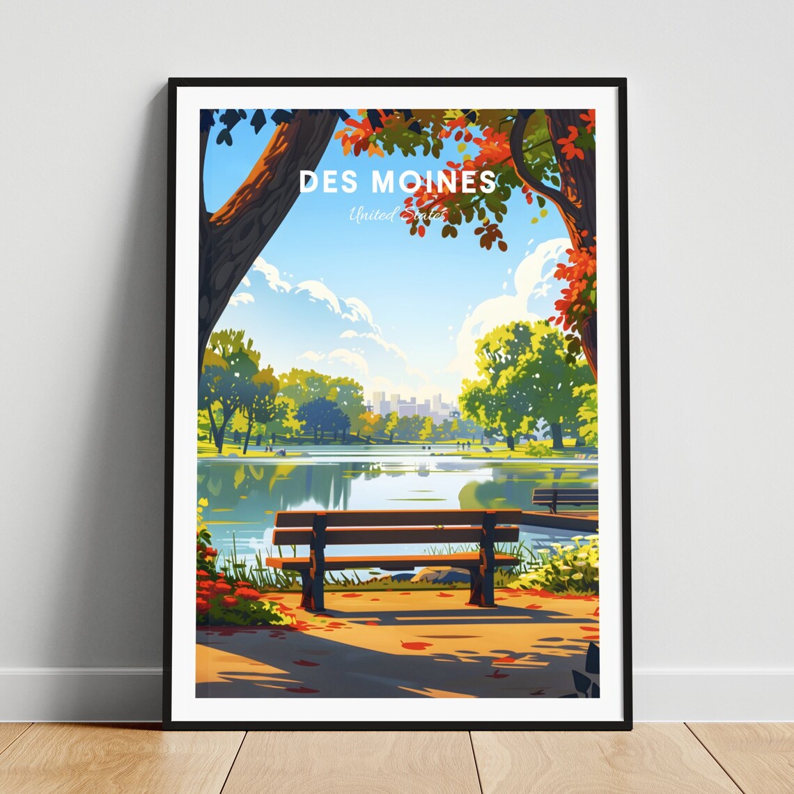 Des Moines Park Bench Beside the Calm Lake Summer Travel Poster