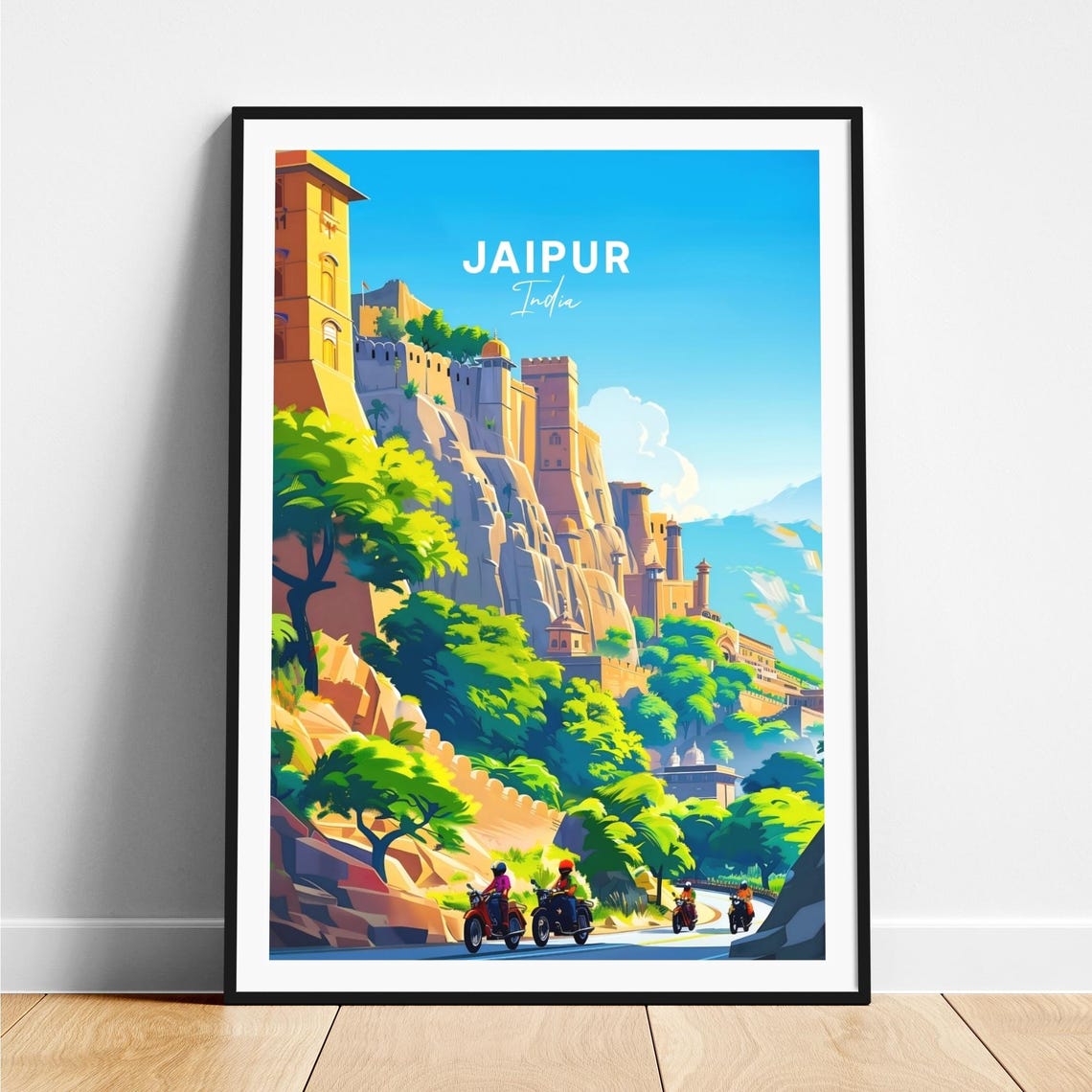 Jaipur Fort Cliff Motorcyclists Green Hills India Travel Poster
