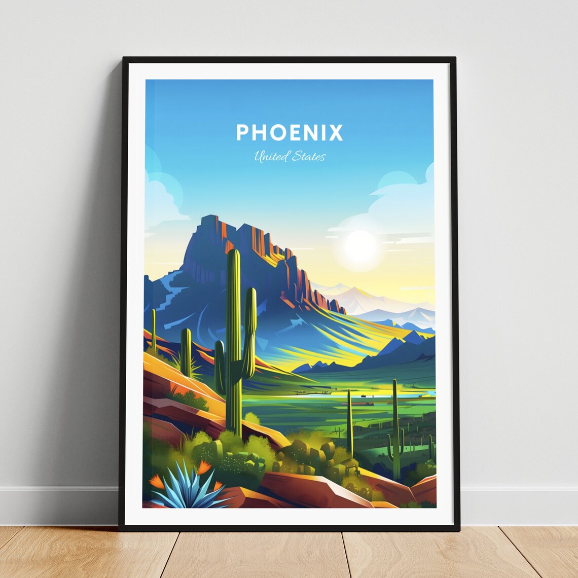 Phoenix Arizona Desert Sunrise Mountain Saguaro Cactus Travel Poster