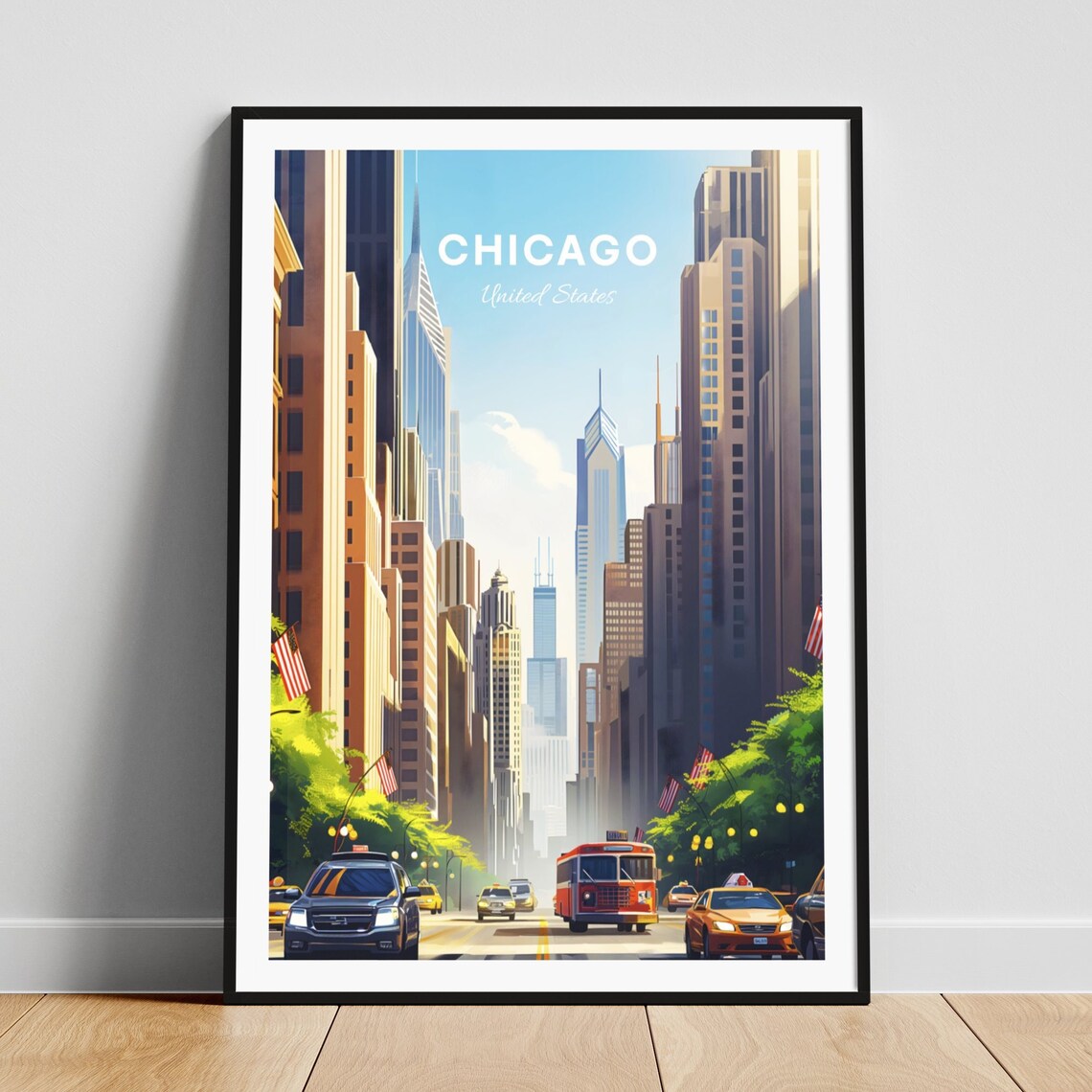 Chicago Illinois Downtown Street Traffic Flags Vintage Art Poster
