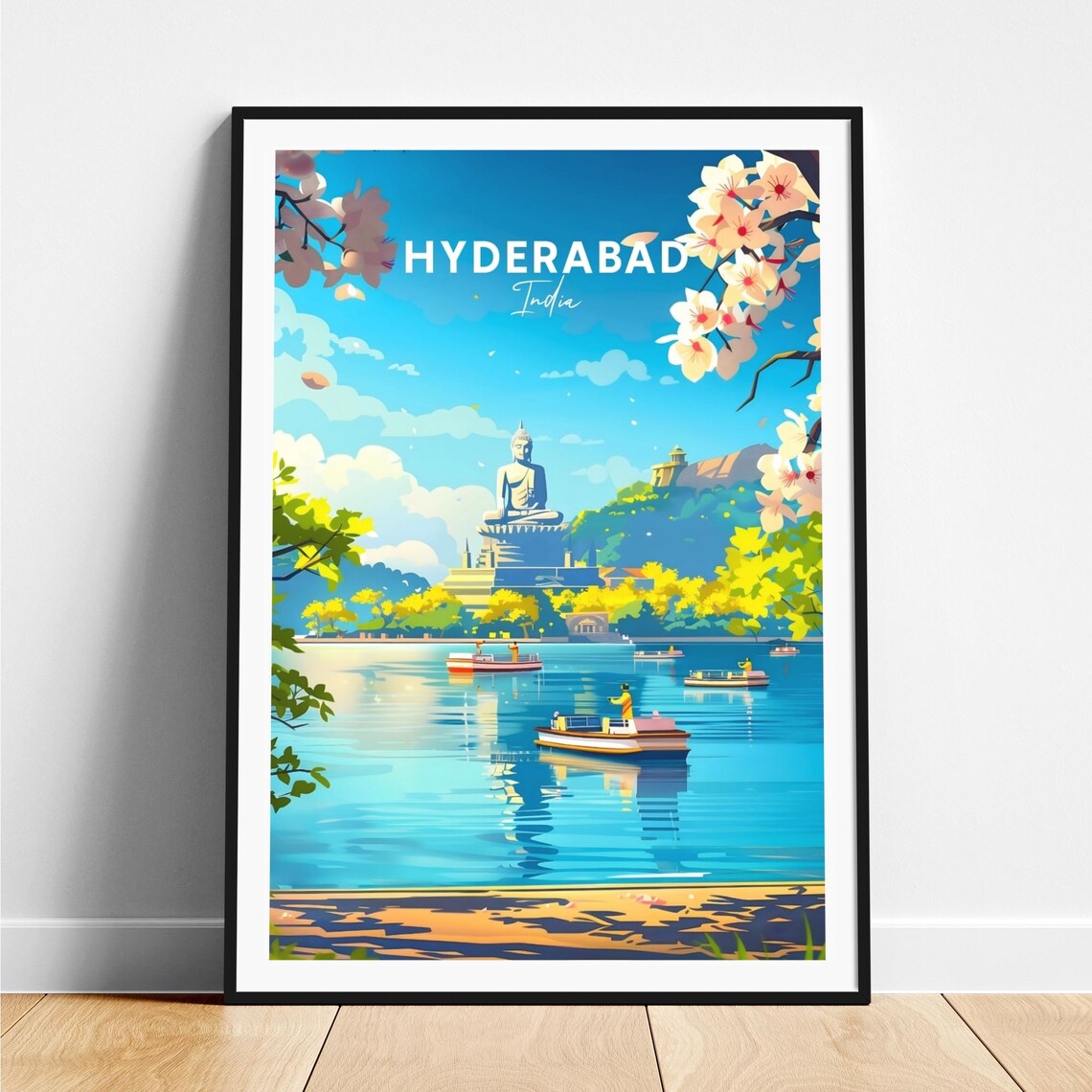 Hyderabad India Buddha Statue on Lake with Boats Travel Poster