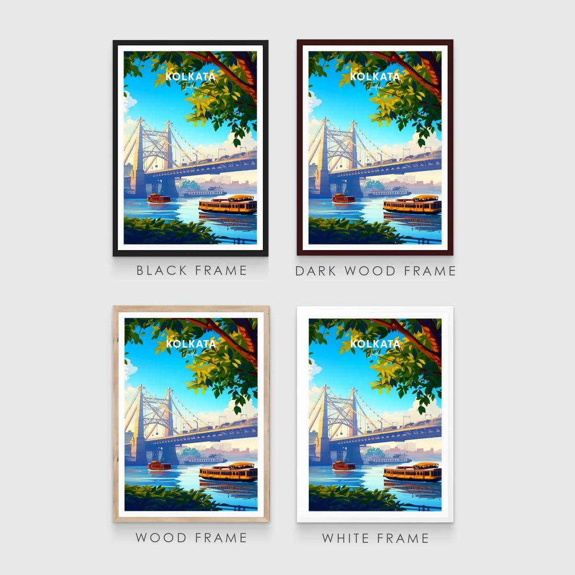 Kolkata India River Bridge with Colorful Ferries Travel Poster - Image 3