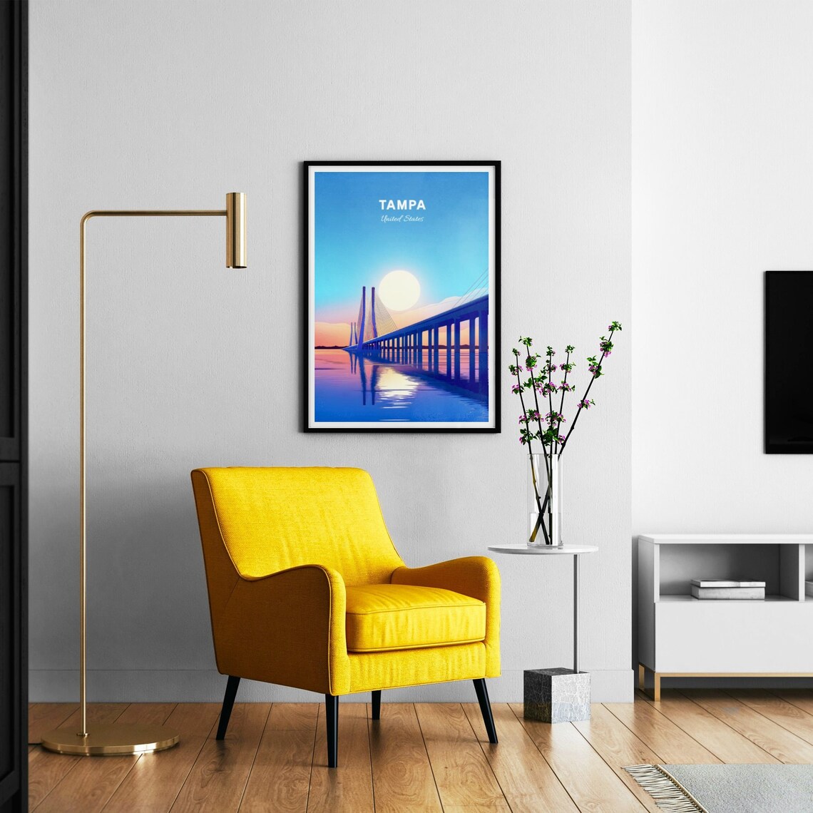 Tampa Bay Cable Bridge Sunrise Water Reflection Retro Poster - Image 3