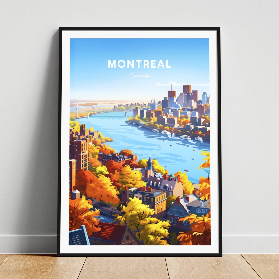 Montreal Autumn Skyline Harbor River Travel Poster Vintage Style