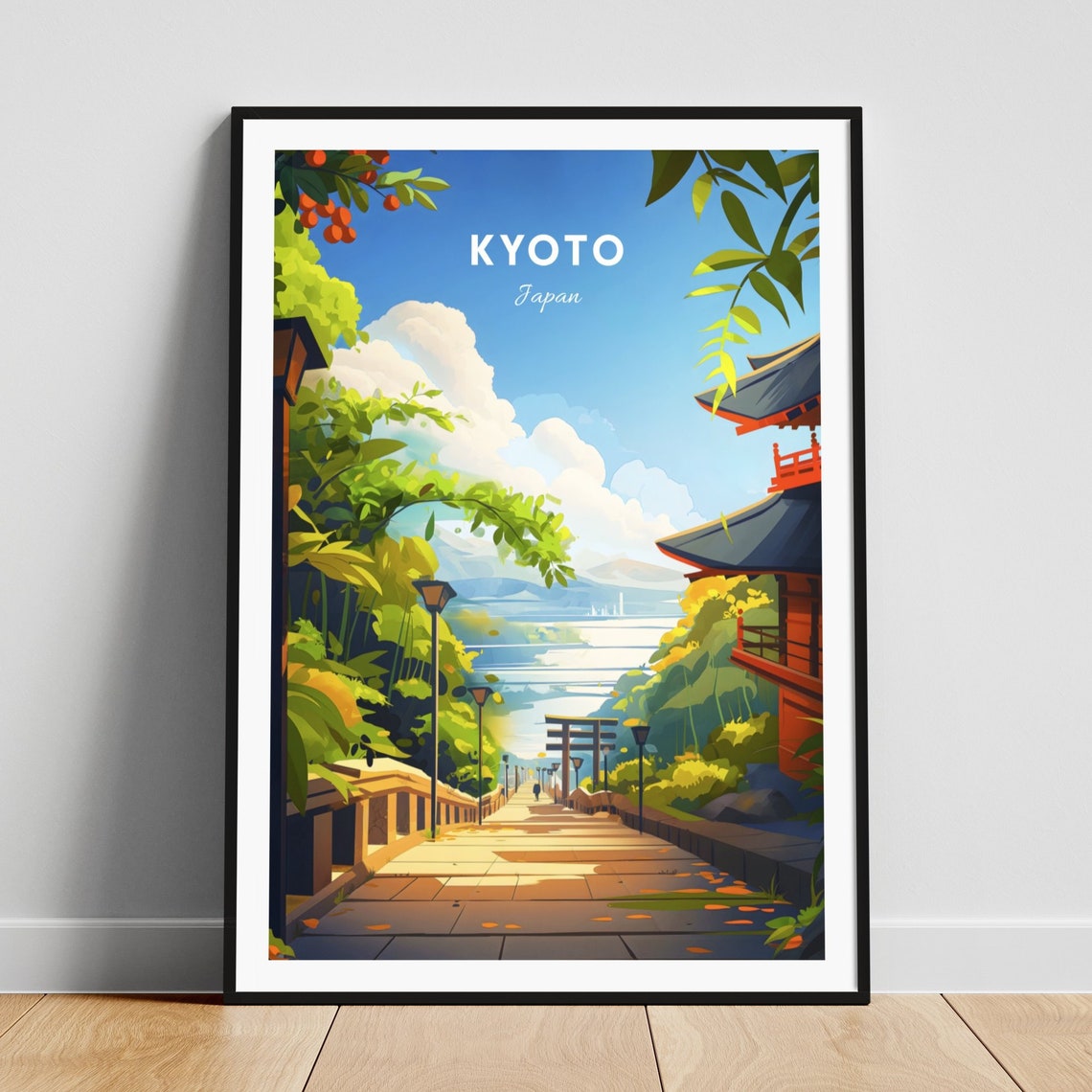 Kyoto Japan Temple Steps Torii Gate Lanterns Illustration Poster