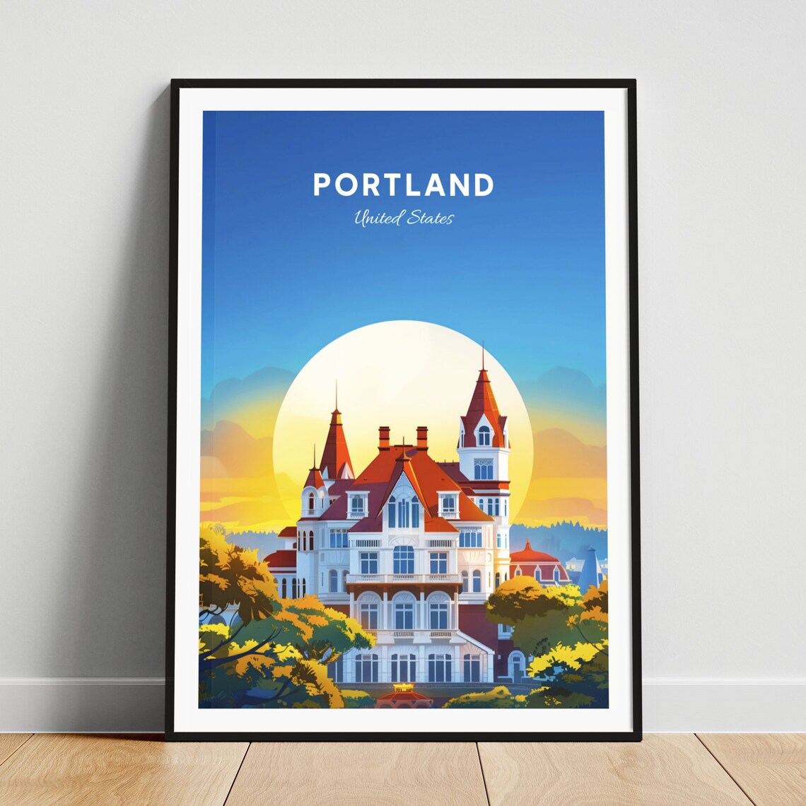 Portland Historic Chateau Mansion Glowing at Sunset Travel Poster