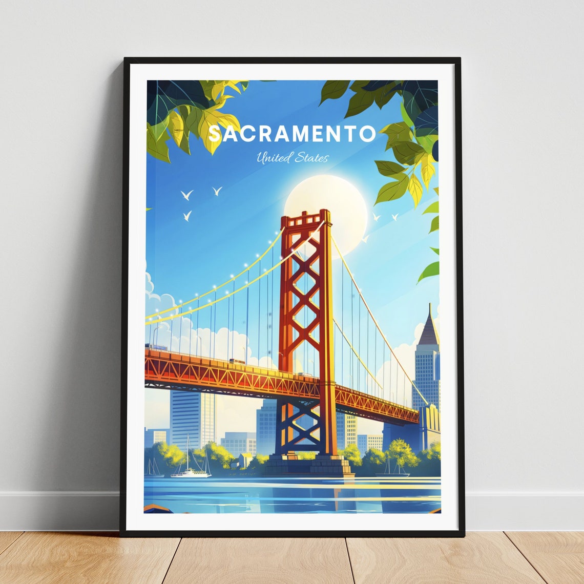 Sacramento Tower Bridge Daytime Red Orange City Skyline Poster