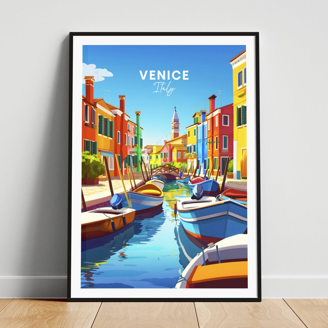 Venice Italy Colorful Canal Houses Boats Daylight Travel Poster