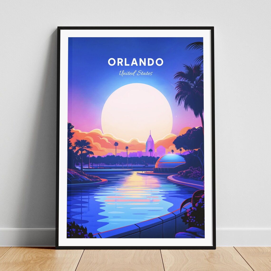 Orlando Florida Neon Sunset Lake Palm Trees City Travel Poster