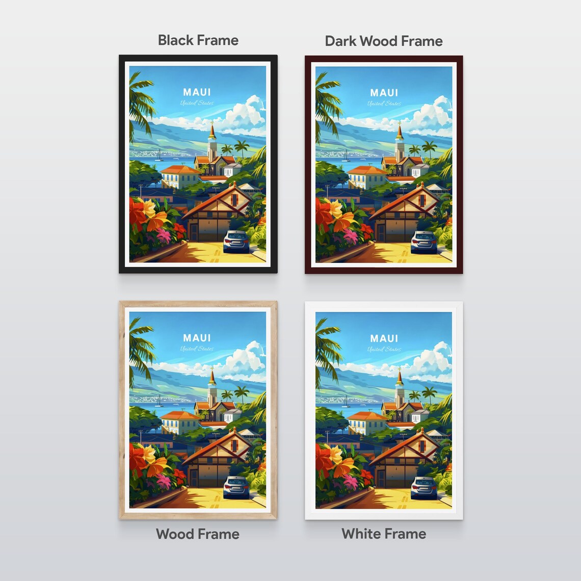 Maui Hawaii Coastal Village with Church and Hibiscus Travel Poster - Image 2