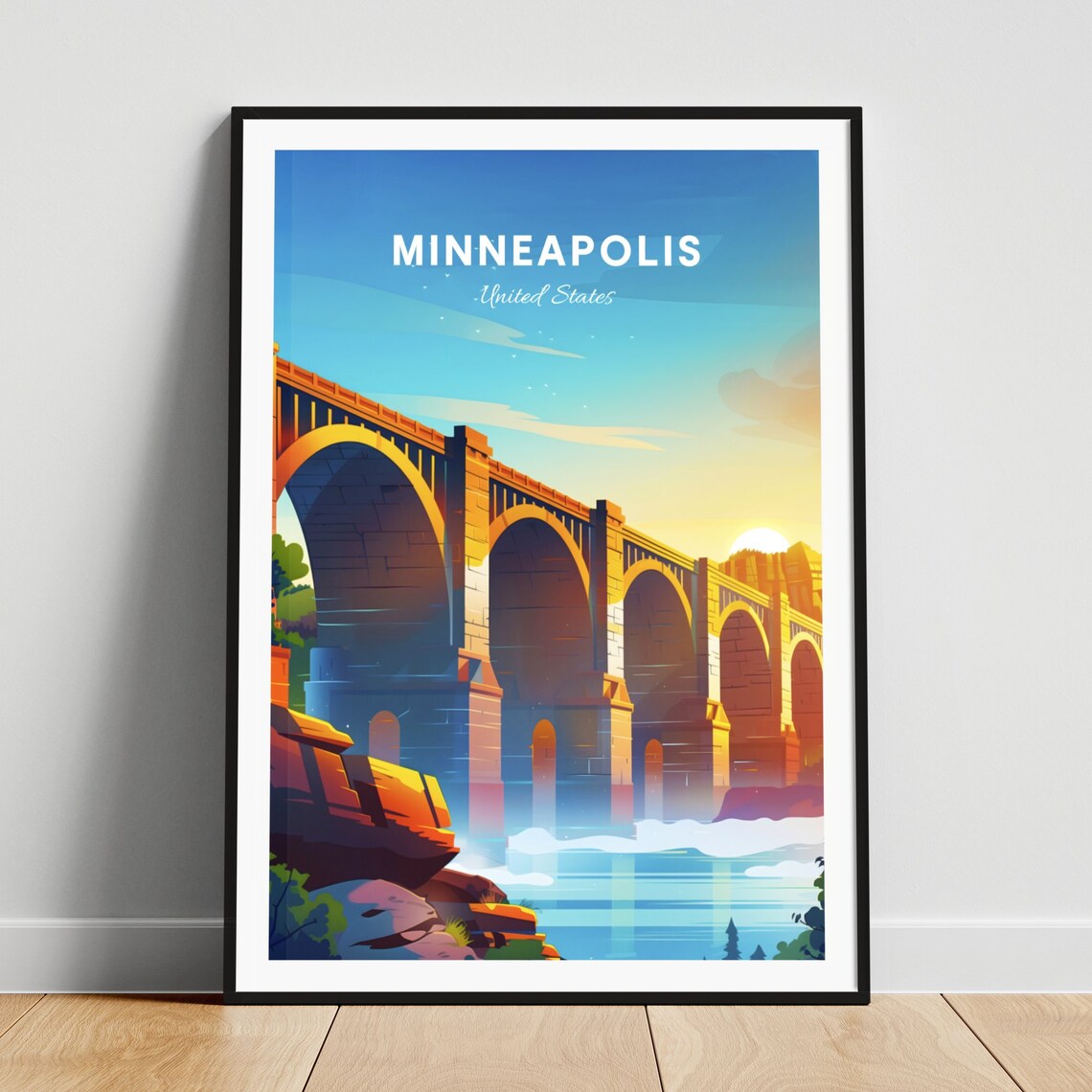 Minneapolis Minnesota Stone Arch Bridge Golden Sunset Travel Poster