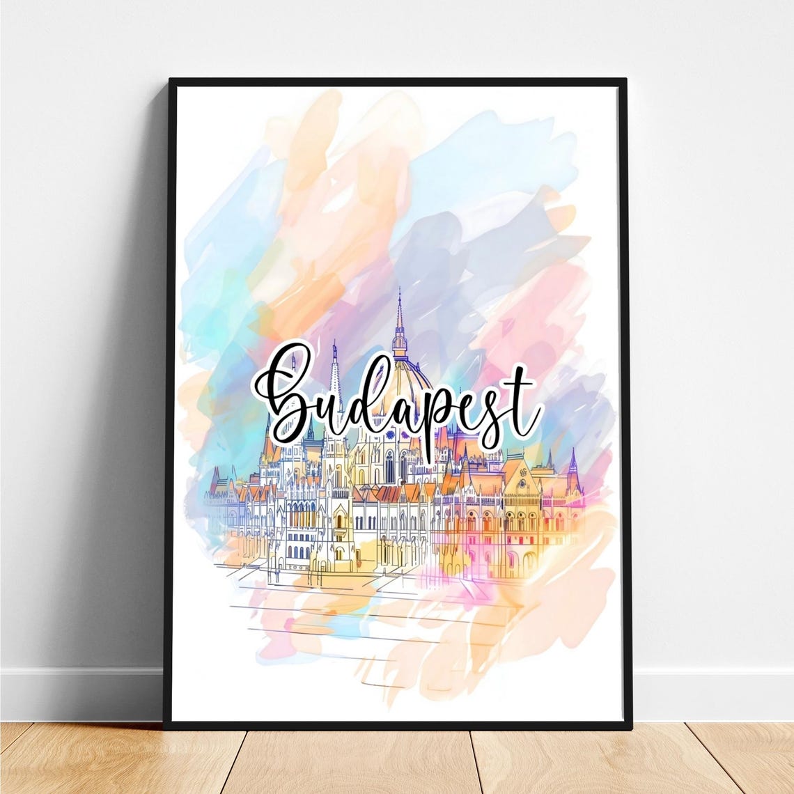 Budapest Hungary Parliament Watercolor Script Lettering Travel Poster
