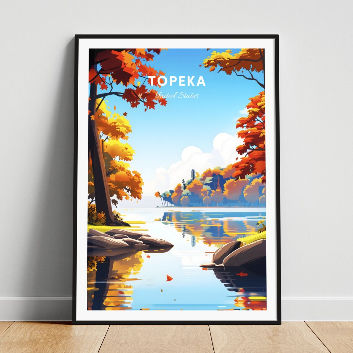 Topeka Kansas Autumn Lake Reflection Scenic Vintage Travel Poster