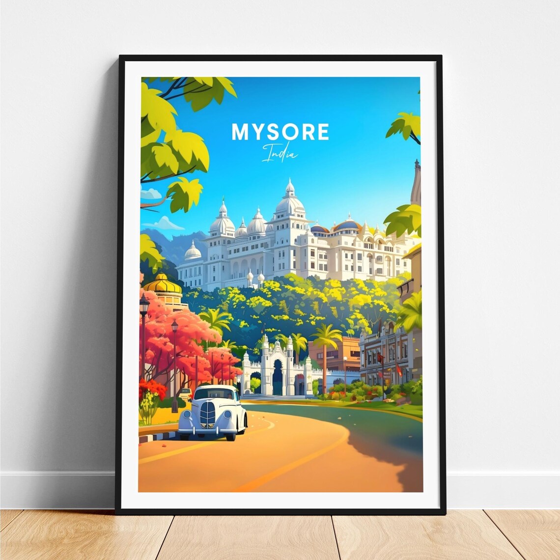 Mysore India Hill Palace Curved Road Vintage Car Travel Poster