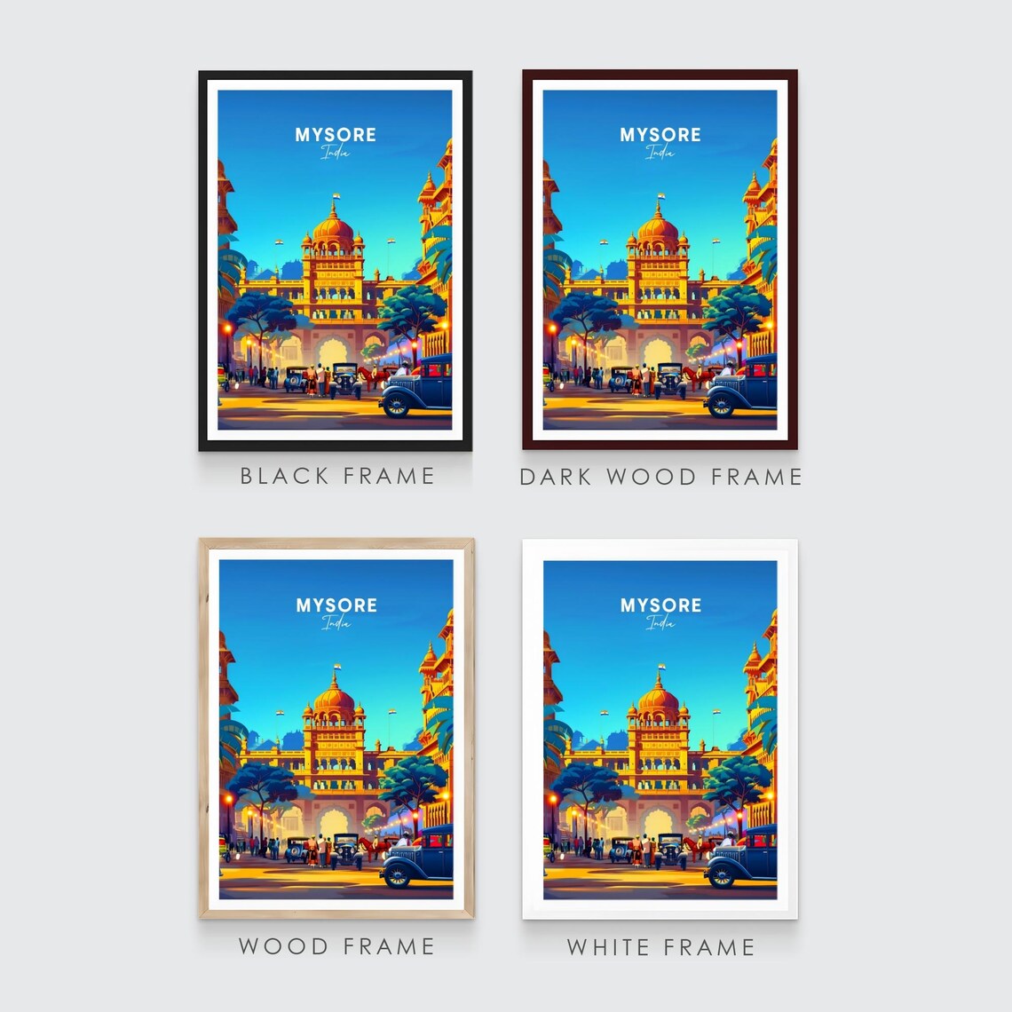 Mysore India Grand Golden Palace with Vintage Cars Travel Poster - Image 3