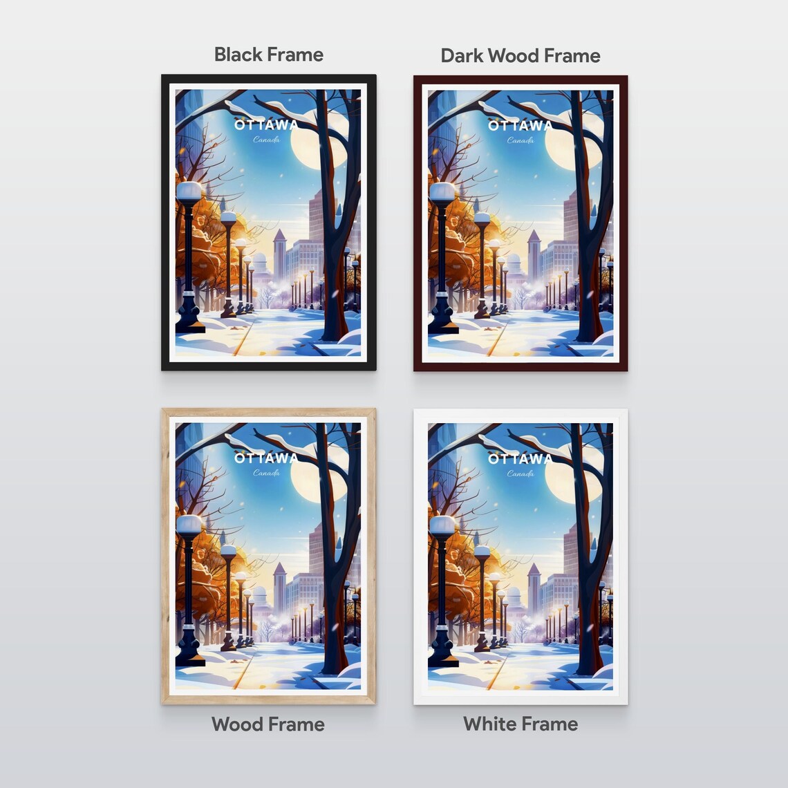 Ottawa Winter Snowy Street Lampposts Full Moon Vintage Travel Poster - Image 2
