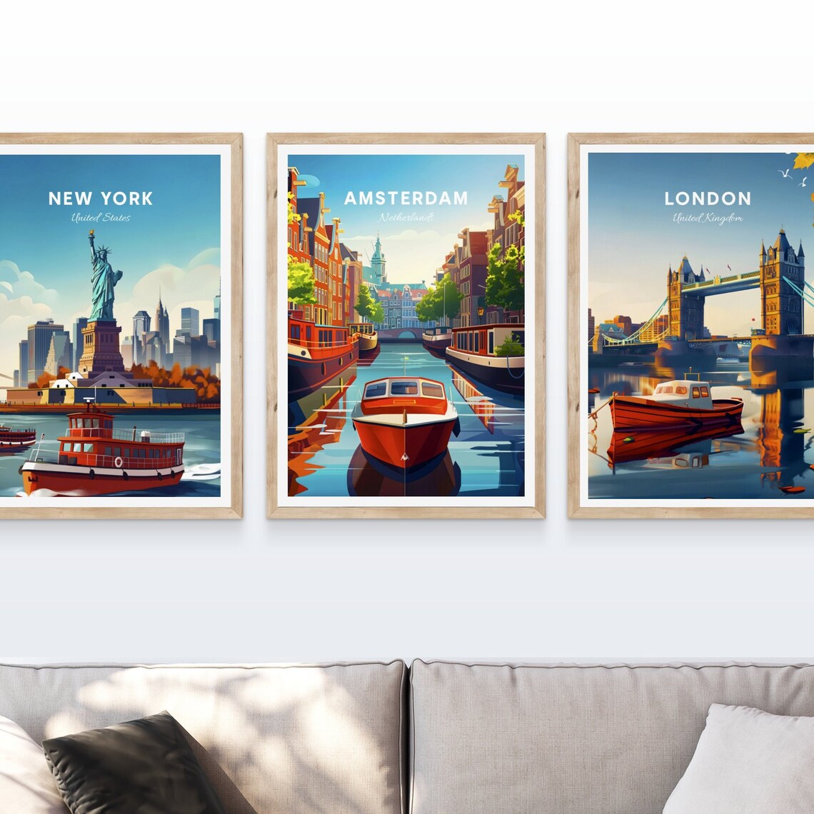 Amsterdam Netherlands Canal Houseboats Sunny Day Travel Poster Art - Image 4