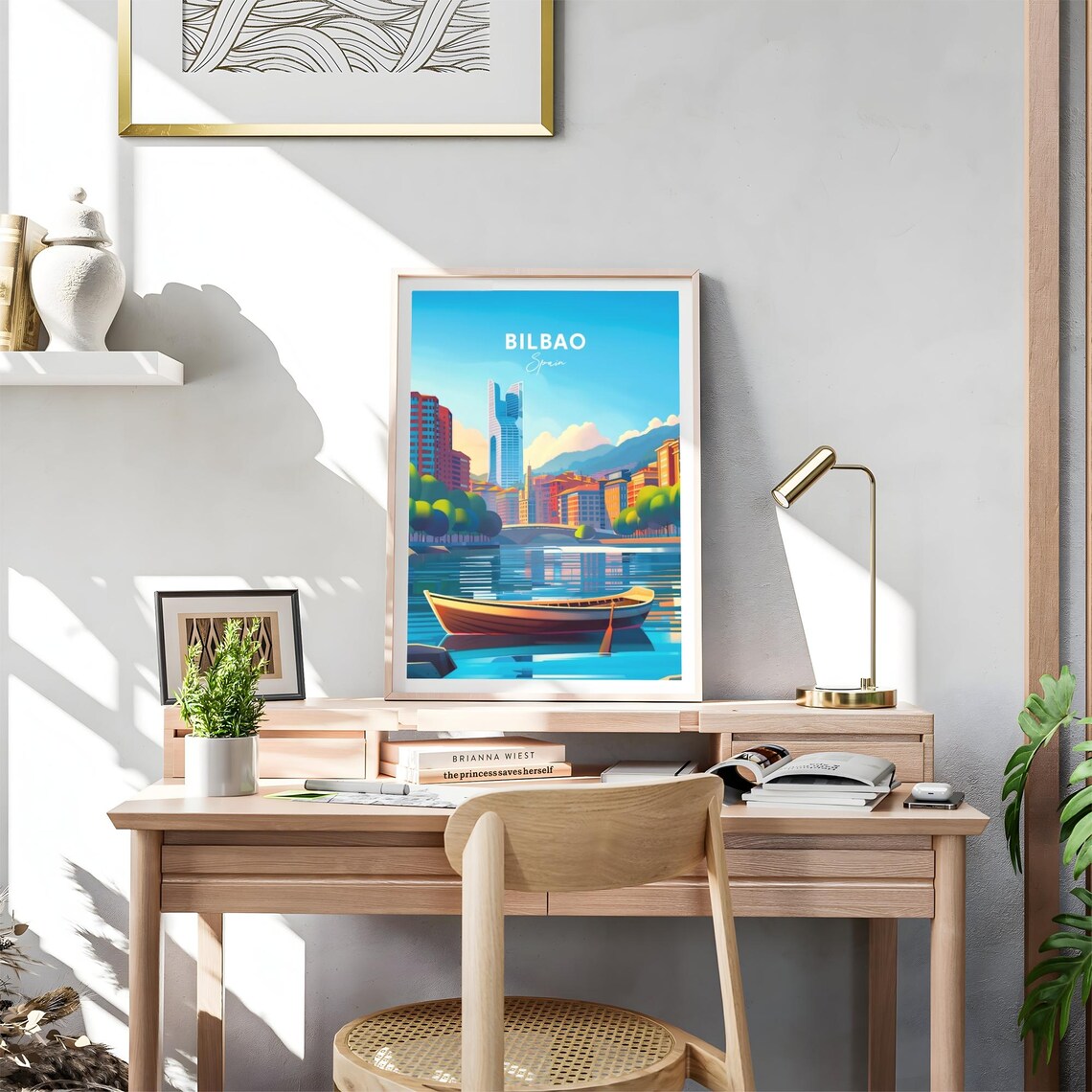Bilbao Modern Riverside Towers Rowboat Bridge Water Travel Poster - Image 4