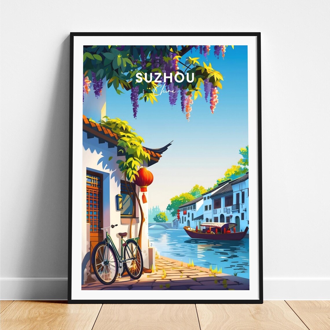 Suzhou China Canal Bicycle Red Lantern Wisteria Blossoms Travel Poster