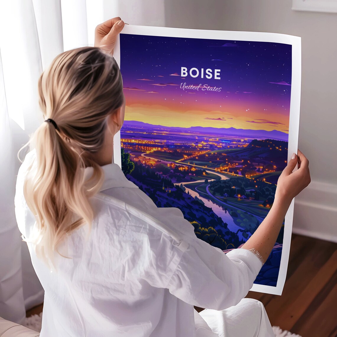 Boise United States Night City Lights Overlook Travel Poster - Image 3