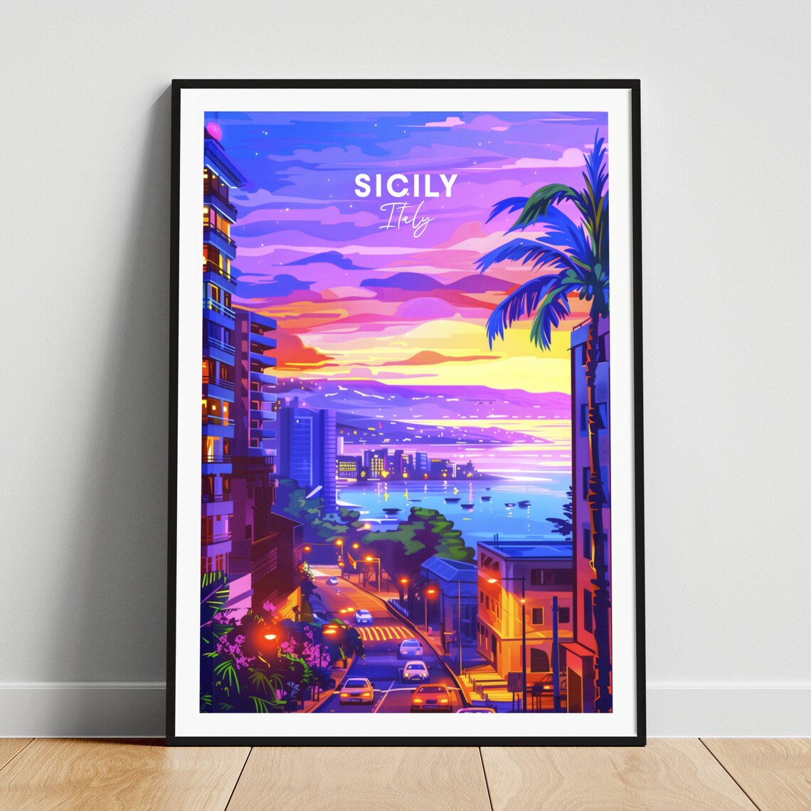 Sicily Italy Coastal City Street Sunset Night Harbor Travel Poster