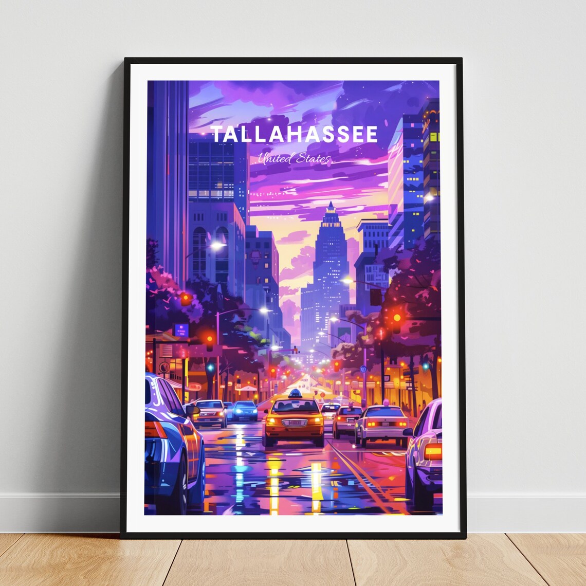 Tallahassee Florida Neon Purple Night Street City Travel Poster