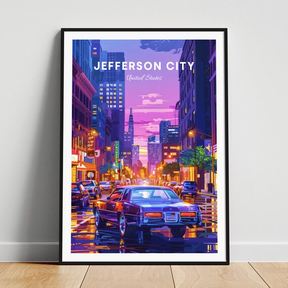 Jefferson City Missouri Night Street Neon Vintage Car Poster