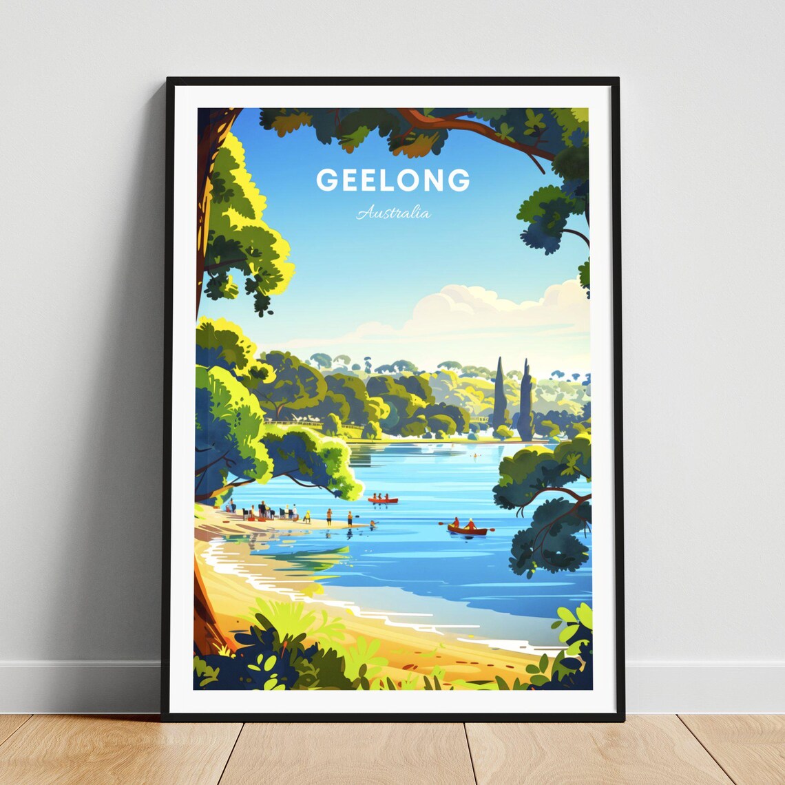 Geelong Australia Beach Cove Kayaks Bright Summer Shoreline Poster