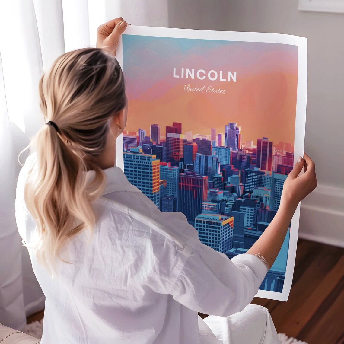 Lincoln Nebraska Skyline Poster: Pink Sunset Over the Downtown Towers - Image 3