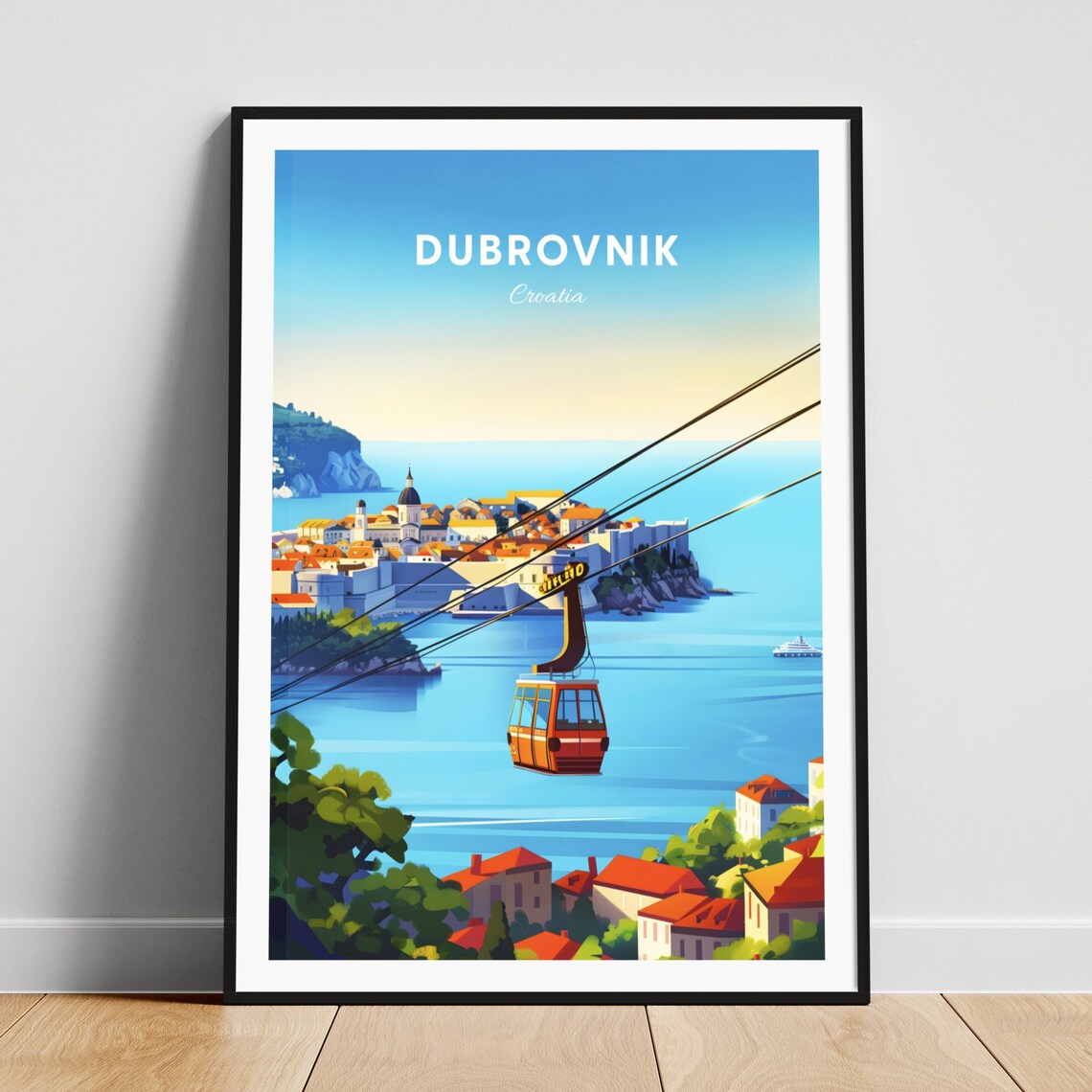 Dubrovnik Cable Car Bay Old Town Red Roofs Adriatic Travel Poster