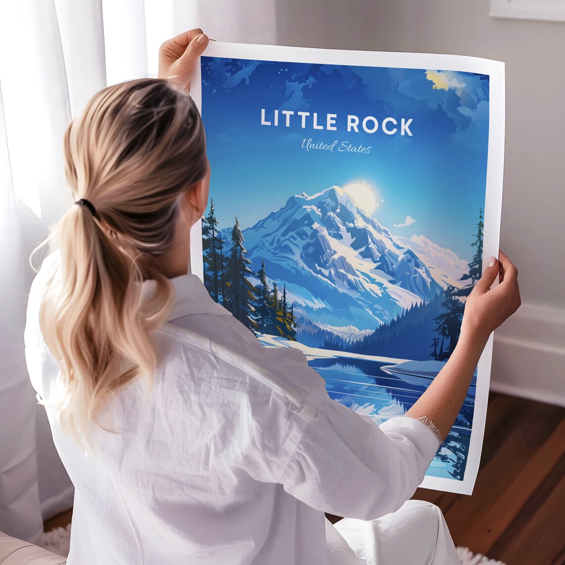 Little Rock Winter Snowy Mountain Lake Scene Travel Art Poster - Image 3