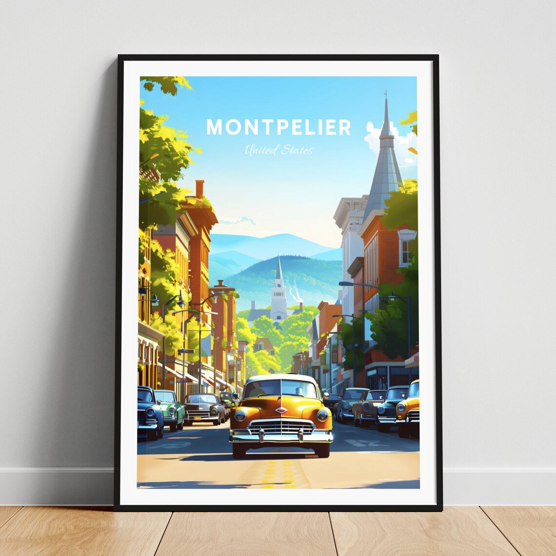 Montpelier Vermont Main Street Vintage Cars Retro Style Poster