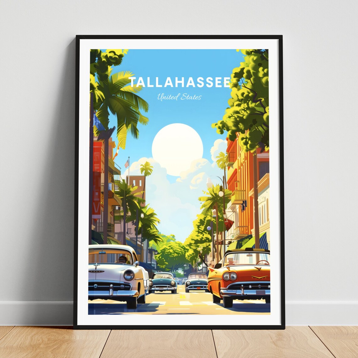 Tallahassee Florida Retro Street Vintage Cars Palm Trees Poster