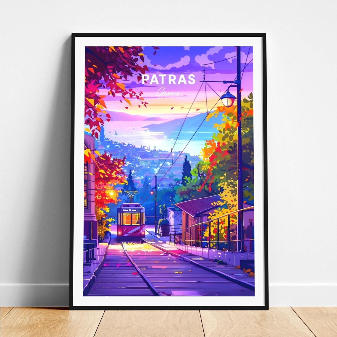 Patras Greece Sunset Tram Hillside Bay View Autumn Travel Poster