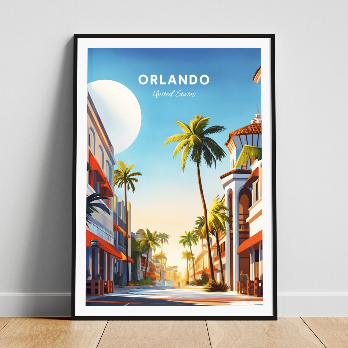 Orlando Spanish Colonial Street Sunny Palm Trees Vintage Travel Poster