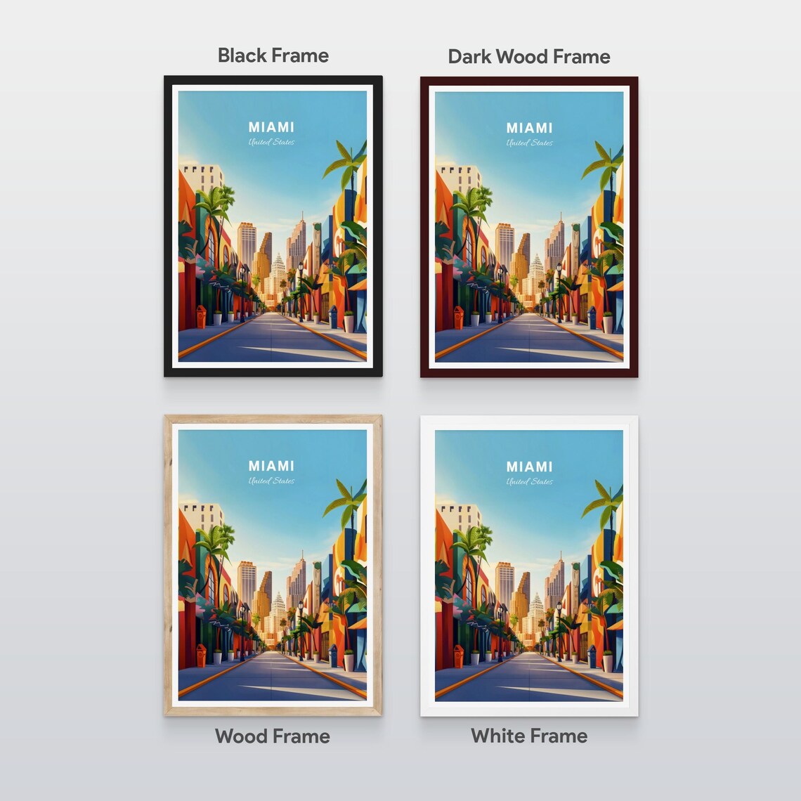 Miami Sunlit Vibrant Art Deco Street Downtown Skyline View Poster - Image 2
