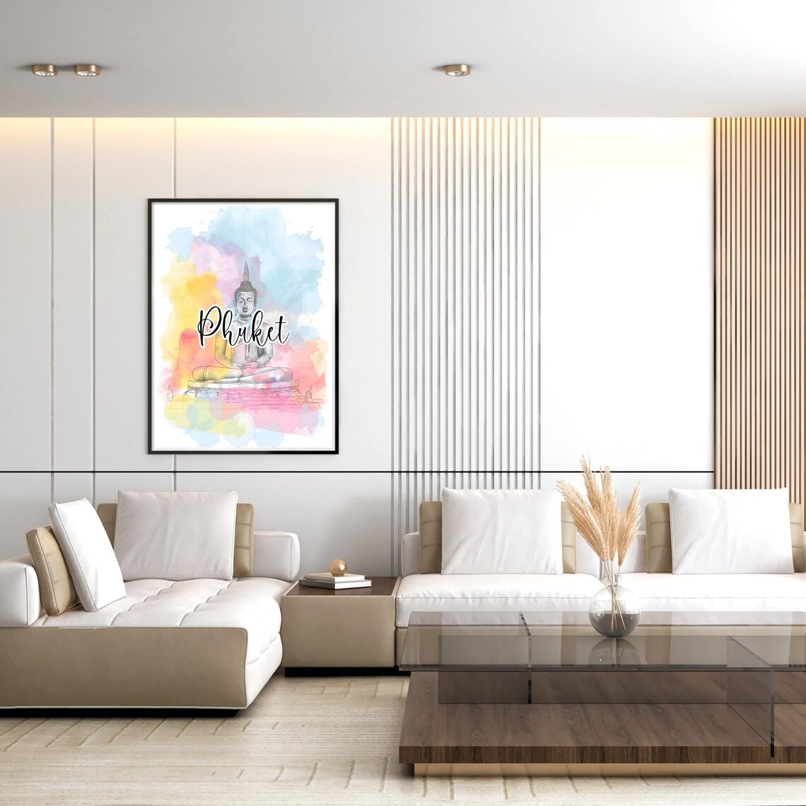 Serene Beautiful Phuket Buddha Statue Watercolor Travel Poster