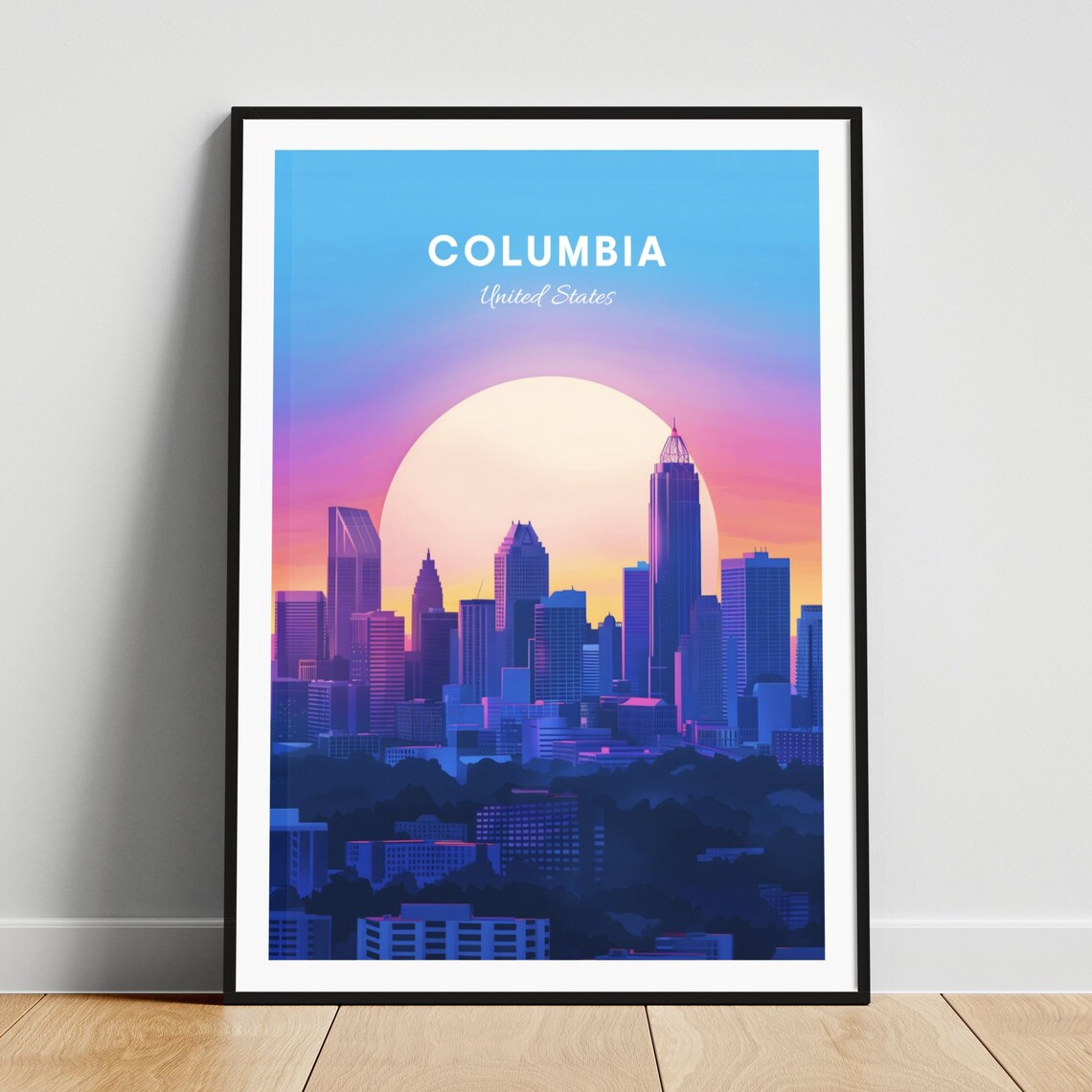 Columbia Sunset Skyline Big Sun Blue Purple Glow Travel Poster
