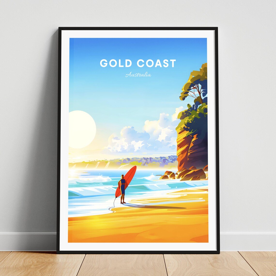 Gold Coast Australia Surfer Beach Sunrise Ocean Waves Travel Poster